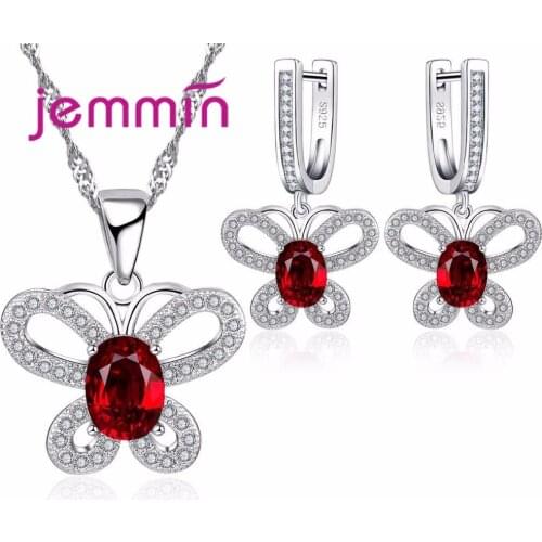 Luxury Butterfly Shape 925 Sterling Silver Fine Wedding Jewelry Ruby Pendants Necklaces Earrings Jewelry Set For Woman
