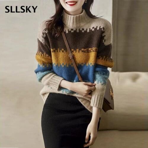 SLLSKY Fashion Patchwork Striped Sweater Women Autumn New Knitted Turtleneck Loose Pullover Sweater Long Sleeve Female Jumpers