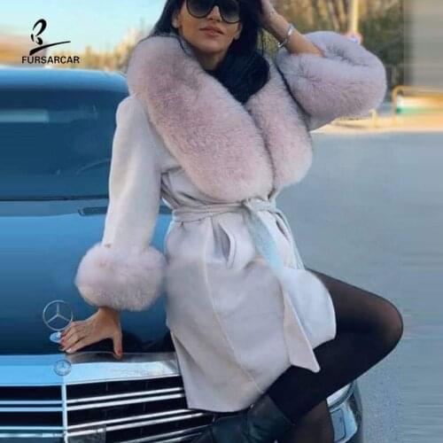 FURSARCAR 2020 New Cashmere Nature Fox Fur Collar Coat Winter & Autumn Women Luxury Wool Blend Real Leather Jackets