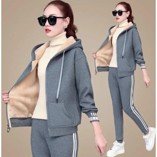 Winter Thicken Warm Lamb Wool Tracksuit Women Two Piece Set Casual Hooded Zip Up Sweatshirt Plus Velvet Pant Suit Loungewear