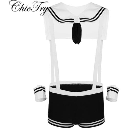 3Pcs Male Mens Sailor Cosplay Costume Underwear Set Elastic Suspenders Boxer Briefs Shorts with Collar and Cuffs for Role Play