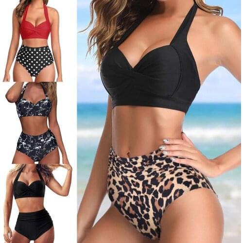 Bikinis Suit Women Swimwear Push Up Halter High Waist Printing Pleated Front Swimsuit Bikini Set Swimming Pool Bathing Suit