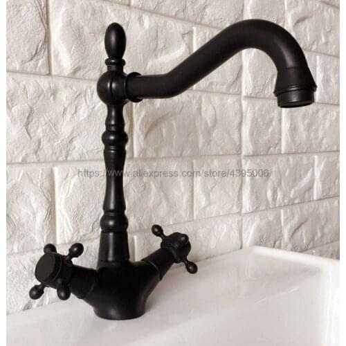 Oil Rubbed Bronze Deck Mounted Double Handle Bathroom Basin Faucet Hot and Cold Water Mixer Taps Bnf382