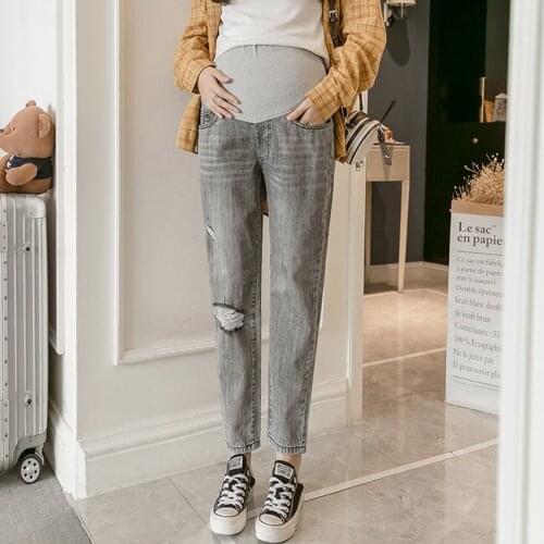 Pregnant women denim daddy pants spring and autumn summer holes thin denim stomach lift pants pregnant women casual pants
