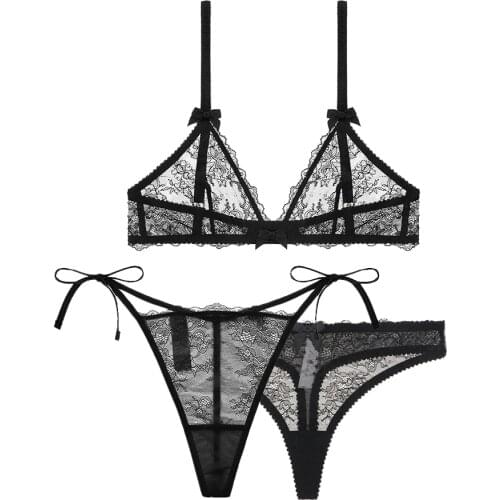 Ultra-thin French triangle cup no steel support no fetters comfortable wire free bra bra+thong+V-strings 3 pieces/set CYHWR