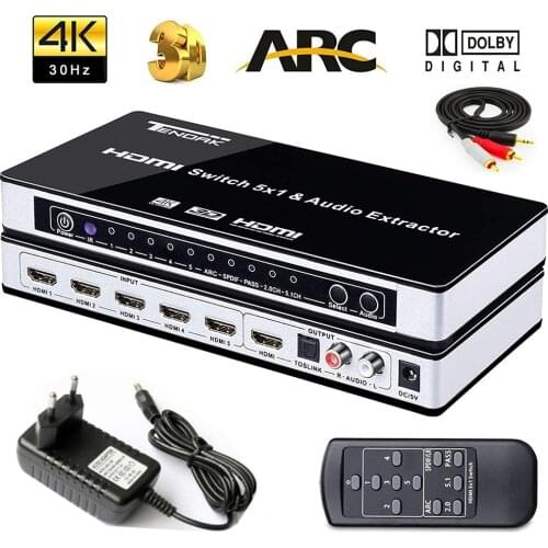True 4K HDMI Switcher 5X1 with audio selector switch with remote HDMI 5 in 1 out 1.4V for PS4,HDTV,DVD,STB etc