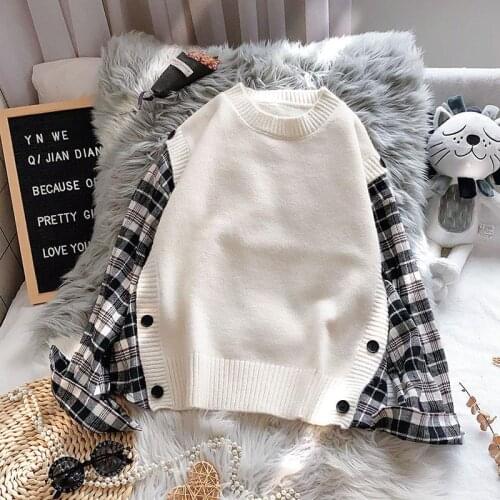 Fake two-piece sweater women autumn and winter wear loose loose 2021 new Japanese shirt stitching hedging knitted top fashion