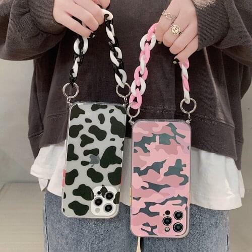 Tobebest Camouflage Milk Cow Pattern Bracelet Phone Cases for iphone 12 11 pro max X XS XR 7 8 Plus 12mini Chain Soft Back Cover