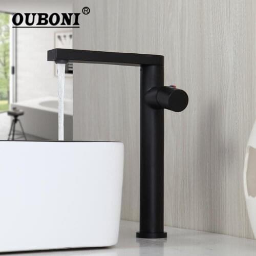 OUBONI Matte Black Swivel Bathroom Basin Sink Faucet Art Design Wash Basin Mixer Stream Rotated Spray Kitchen Sink Faucet Tap