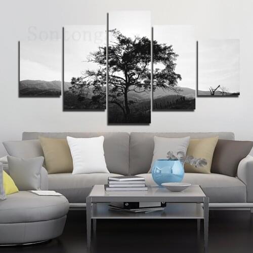 Canvas Painting Mountain Tree Gray Tone Wall Stickers Art Light Luxury Decorative Painting Simple Style Modern Living Room