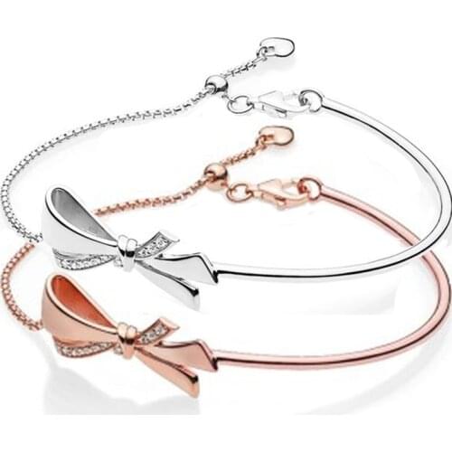 Original Rose Brilliant Bow Ball Clasp Adjust Bracelet Bangle Fit 925 Sterling Silver Bracelet Bead Charm Diy Fine Jewelry