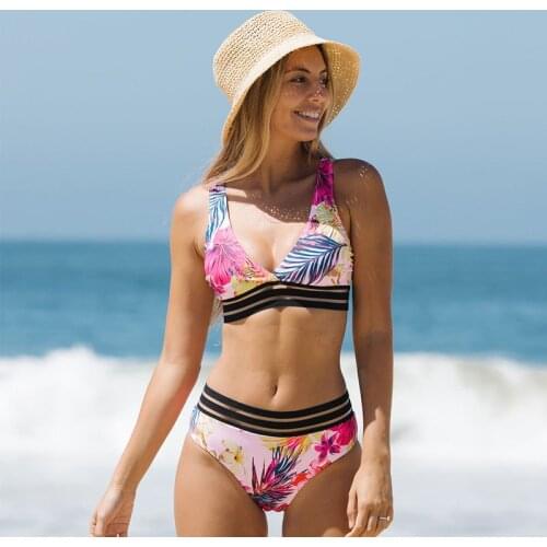 Sexy Swomens Swimwear 2021 New Floral Printed High Waist Tow Pieces Bikini Set V-Neck Beach Club Bodysuit Girls Swimsuits Women