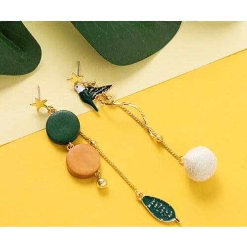 SHUANGR Personality Spring Bird Temperament Wood Alloy Women Long Earrings Fashion Round Blue white Earrings Jewelry Gift