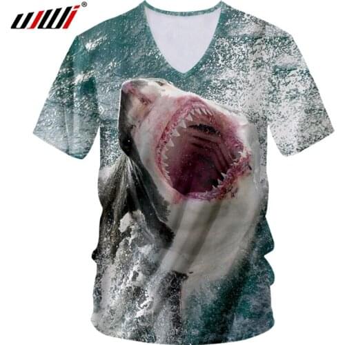 UJWI Man Deep V-neck Slim Fit 3D Printing Animal T Shirts Shark Personality Large Size Tops Tees Spring T-shirt Drop Shipping