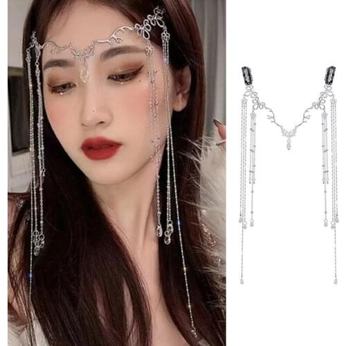Women Waterdrop Crystal Retro Head Chain Rhinestone Long Tassels Pendant Headpiece Jewelry Boho Forehead Headband Au11 21