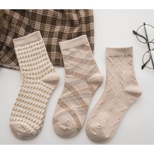 3Pair/Pack Women Fashion Cotton Socks Ladies Kawaii Striped Knitted Socks Harajuku Houndstooth Warm Sock Womens Happy Short Sox
