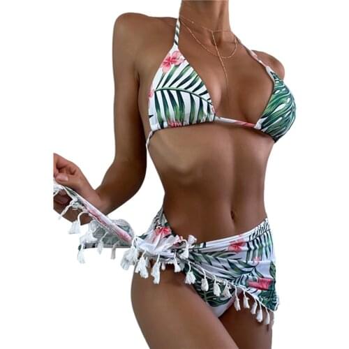 3Pcs Summer Ladies Split Swimwear Set Adults Women Creative Plant Printing Sexy Hanging Neck Lace Up Backless Bikini Swimsuit