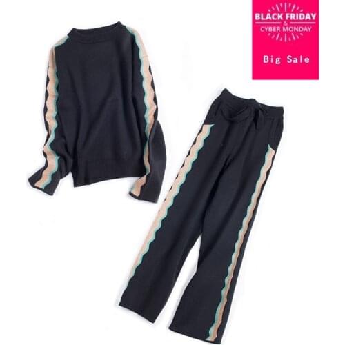 Winter Woolen and Cotton Knitted warm Suit hit color quality Velvet Sweater + Mink cotton Trousers Leisure Two-piece wj1554