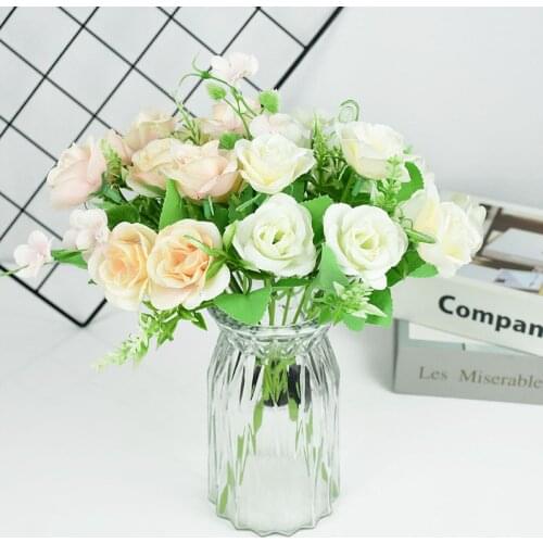 1 Bouquet Light Color Silk Rose Artificial Flowers Wedding Florals Bridal Hold White Rose Bunch Home Garden Party Decoration