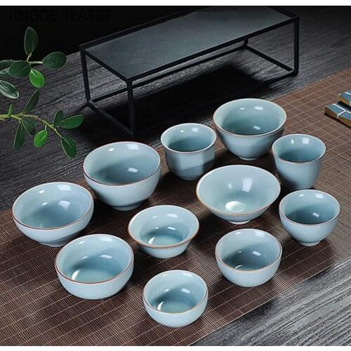 2 pcs/lot Retro Ru Kiln Ceramic Teacup Travel Portable large Tea Bowl Handmade Tea set Accessories Master Tea cup Drinkware