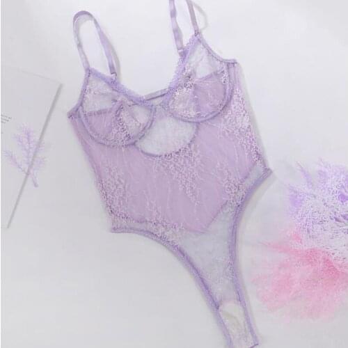 2021 New Sexy Lingerie Women Purple Lace Jumpsuit Perspective Sheer Mesh Sling Bodysuit Pomo Teddy Sleepwear Wholesale