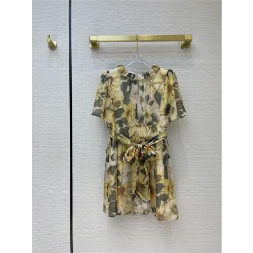 2021 Chiffon Dress Summer Silk Camellia Floral Print Yellow/Red O-Neck Ruche Short butterfly Sleeves Sicily Luxury High Quality