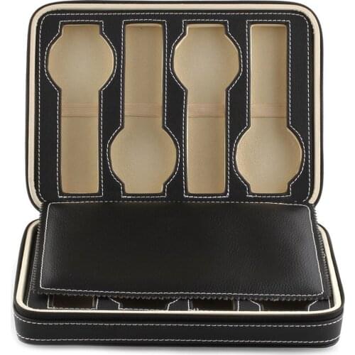 8 Grids Watch Display Storage Box Case Tray Zippered Travel Watch Collector Case Faux Leather Black