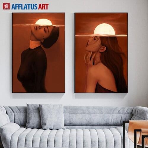 Abstract Girl Sea Sun Dusk Figure Wall Art Canvas Painting Nordic Posters And Prints Wall Pictures For Living Room Home Decor