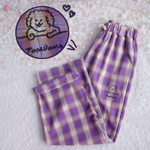 Harajuku Dog Embroidery Pants Women Japanese High Waist Cute Casual Purple plaid Pants Korean Kawaii Girls Wide Leg Trousers