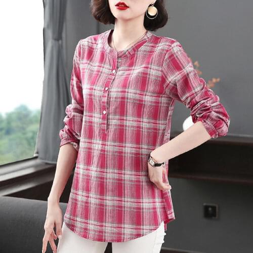Plaid Shirt Women Tunic Blouse Long Sleeve LaBlouse Long Sleeve Ladies Tops Autumn O Neck Basic Button Tee Shirt Casual 2021 New