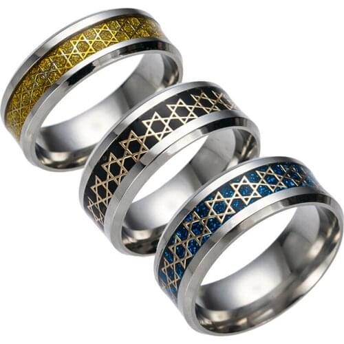 Stainless Steel Plated Ring Pentagram Dragon Inlay Black Blue Background Fashion Men FFinger Rings Jewelry Wedding Band