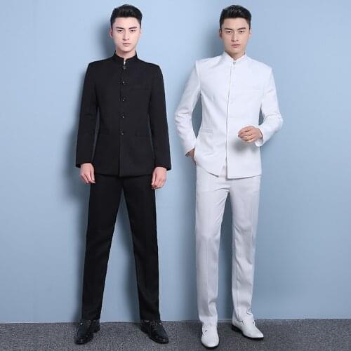 Male chinese tunic suit mens slim stand collar student set youth loading chinese style suit national clothing summer black white