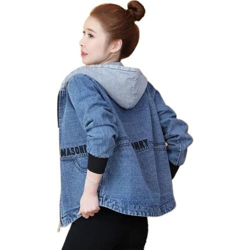 2021New Womens Denim Jacket Loose Embroidered letter Autumn Jeans Outerwear All-Match Casual Hooded Jackets Tops Female Coat