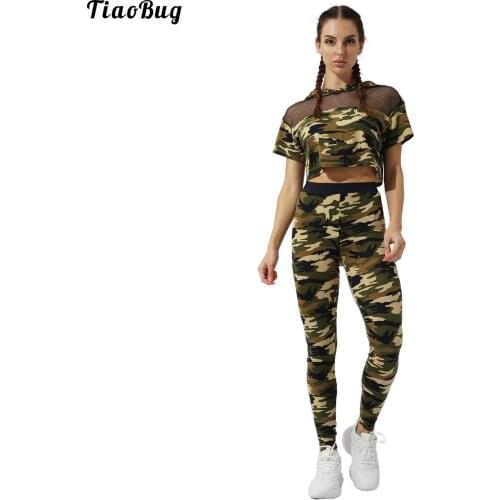 TiaoBug Summer Women Clothes Set Camouflage Short Sleeve Fish Net Patchwork Front Hoodies Top With Leggings Sport Suit
