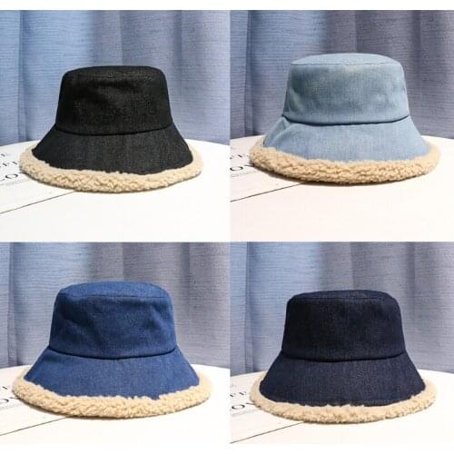 Women Winter Warm Vintage Denim Bucket Hat Thick Faux Fleece Lined Patchwork Wide Brim Sunscreen Panama Fisherman Cap