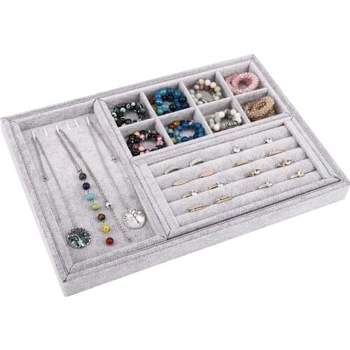 Jewelry Tray,4 in 1 Removable Jewelry Organize for Necklace,Ring,Earring,Stud,Soft Velvet Jewelry Showcase Display Tray - Grey