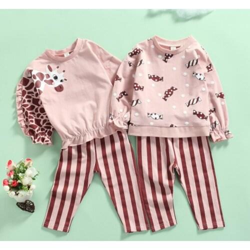 2 Pcs Infant Casual Outfits, Baby Girls Giraffe/Candy Print Long Sleeve Round Neck Pullover + Striped Pants Spring Autumn