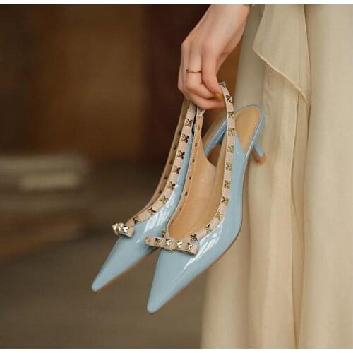 Women Rivet Sandals Slip On PU Woman Summer Bowtie Pointed Toe Thin Kitten Heels Female Sexy High Heels Bridesmaid Blue Shoes