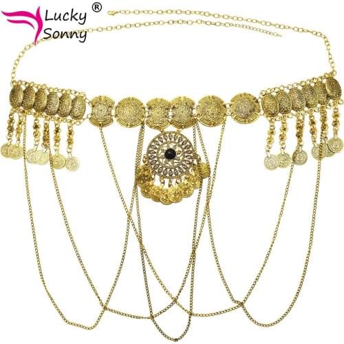 Lucky Sonny New Sexy Ladies Belly Waist Bead Chain Carved Flower Coin Crystal Beach Dance Belt Boho Waist Body Jewelry for Women