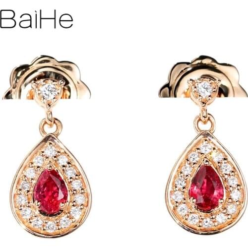 BAIHE Solid 14K Rose Gold Total 0.24ct Wedding Pear Natural Rubis Earrings Trendy Fine Jewelry Gift Ruby Stud Earrings for Women