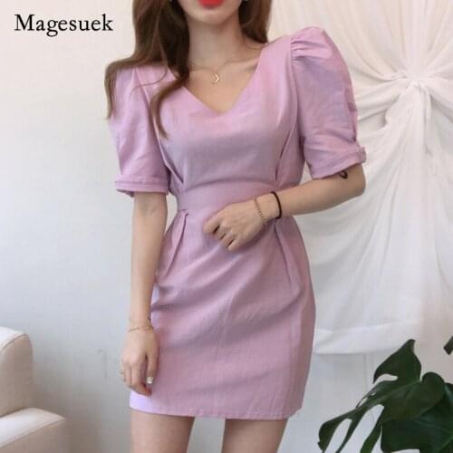 Chic vintage Solid Cotton V-neck Dress for Women Sweet High Waist Slim Party Dress Summer 2021 Women Mini Dress Vestido 14285