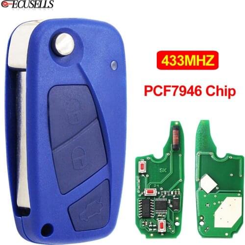 Folding Flip 3 Button Remote Smart Car Key 433Mhz ID46 PCF7946 Chip For Fiat 500 Panda Idea Punto Stilo Ducato Uncut Blade Blue