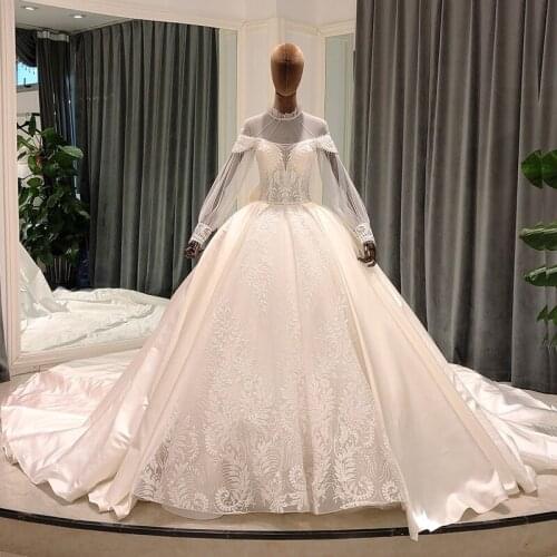 SL-8204 long sleeve wedding dress ball gown 2021 bridal dresses high neck lace heavy beads pearls bride wedding gown for women