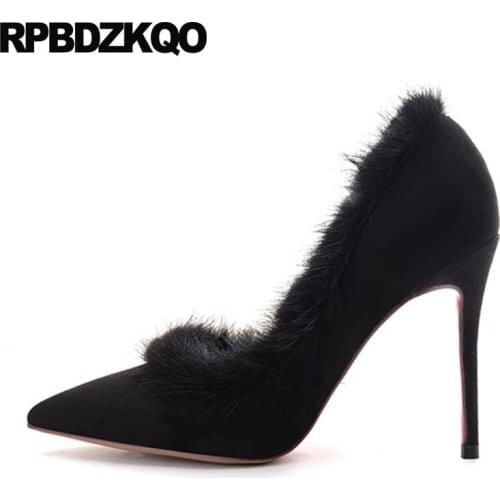 8cm fur shoes ultra sexy extreme pumps high heels gray super size 33 pointed toe thin nude new black suede plus ladies scarpin