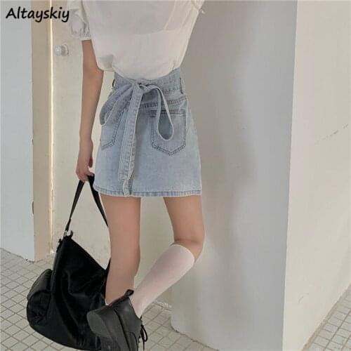 Summer Women Skirt with Bow High Waist A-line Short Mini Denim Fashion Sexy Casual Female Pockets Streetwear College Simple New