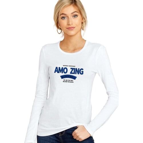 SXYTXE Women Basic Long Sleeve Crew Neck AMO ZING Printed T-Shirt Casual Fitted Cotton Tops