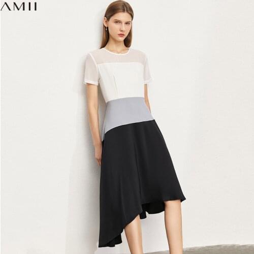 Amii Minimalism Summer Dresses For Women Elegant Contrast Spliced Irregular Maxi Dresses Office Lady Oneck Aline Dress 12170424