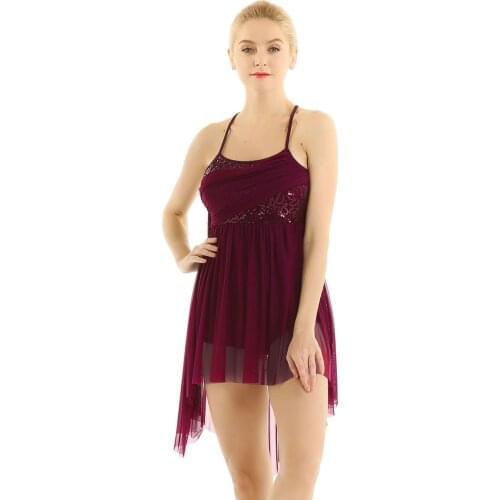 Womens Ballet Dance Dress Spaghetti Strap Sleeveless Ballet Dancewear Asymmetric Mesh Criss Cross Back Sequined Leotard Bodysuit