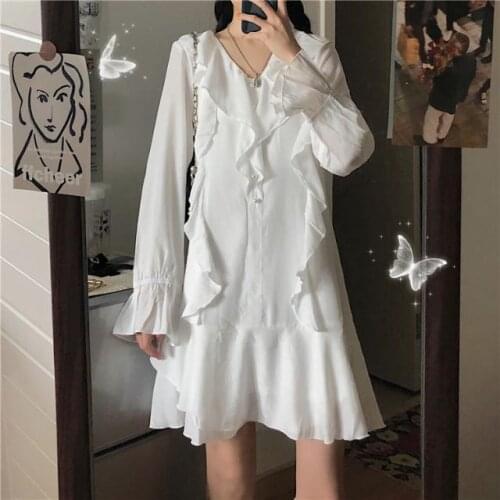 Luck A White Sweet Solid Ruffles Flare-Sleeved V-Neck Chic Women Sexy Elegant Fashion Women High Waist Mini Dresses