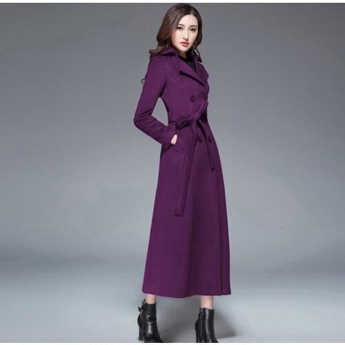 2019 Winter Fall Fashion Womens Double Breasted Slim High Waisted Purple Woolen Coat , Wool Coats for Woman , Women Overcoat